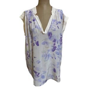 Rebecca Taylor Silk Watercolor Purple Floral Cap Sleeve Blouse size 8